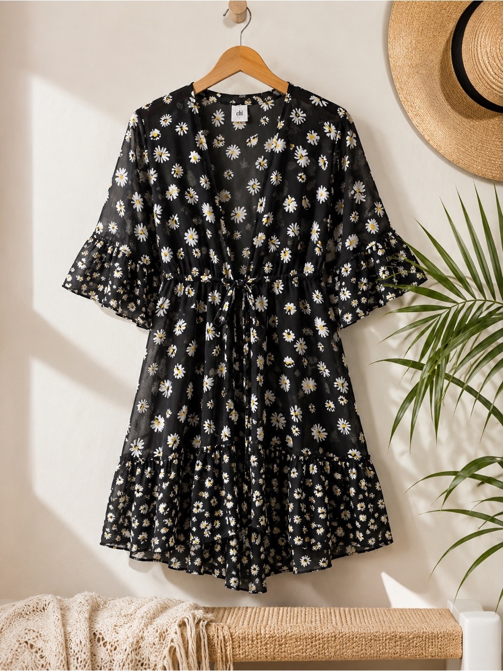 Black Daisy Print Tiered Cover up